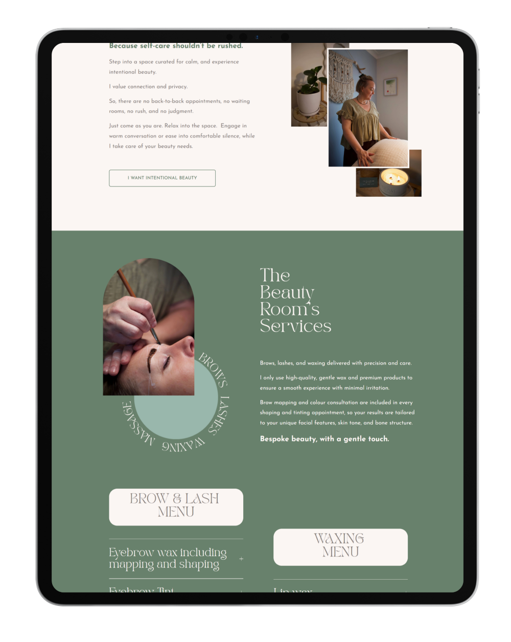 An ipad displying The Beauty Room's powerful one-page website