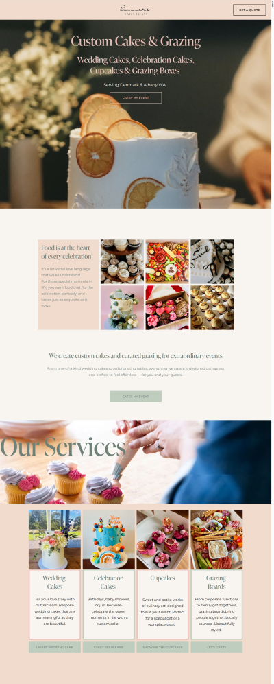 A one-page website for a wedding cake maker and caterer