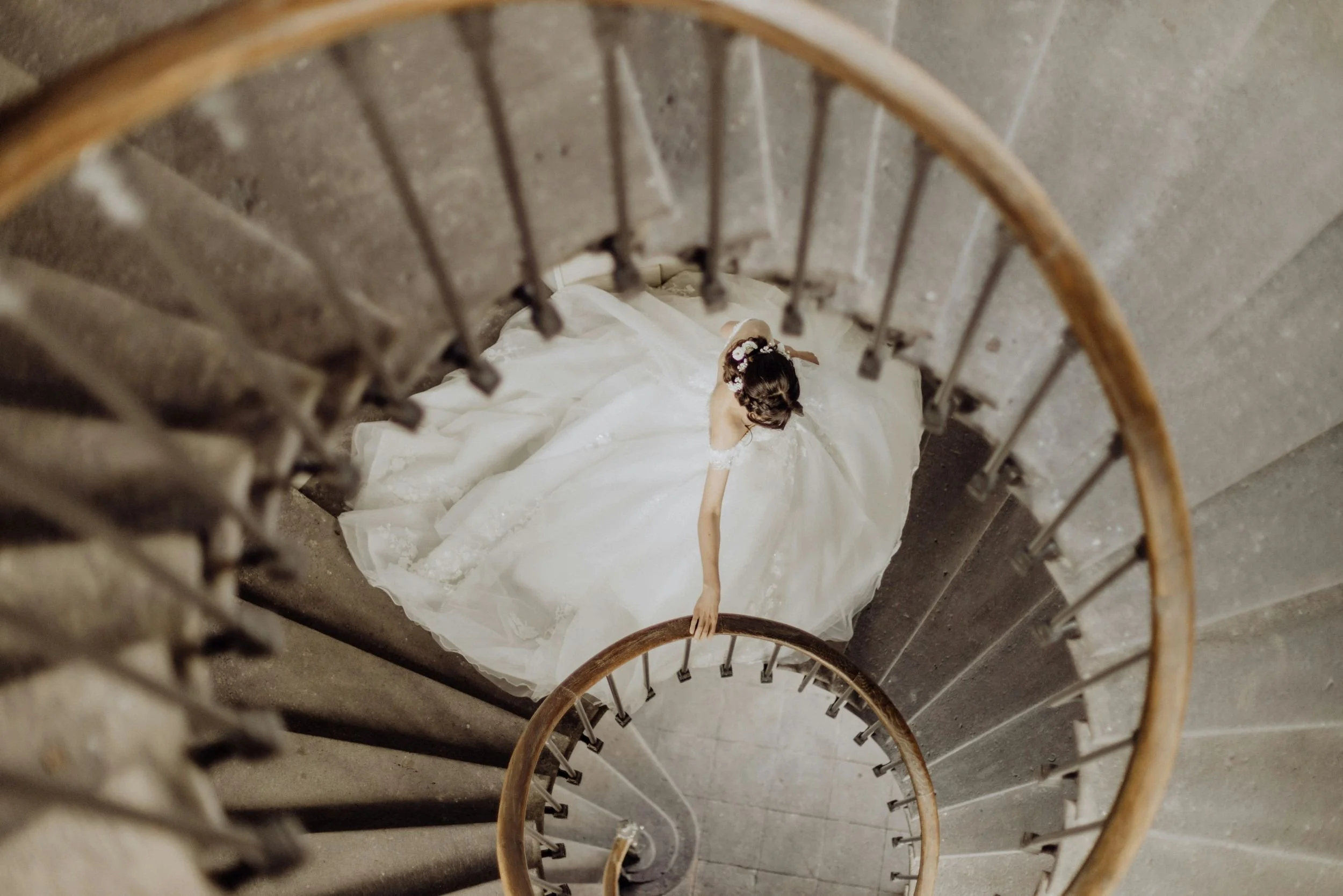 Bride on a spiral staircase