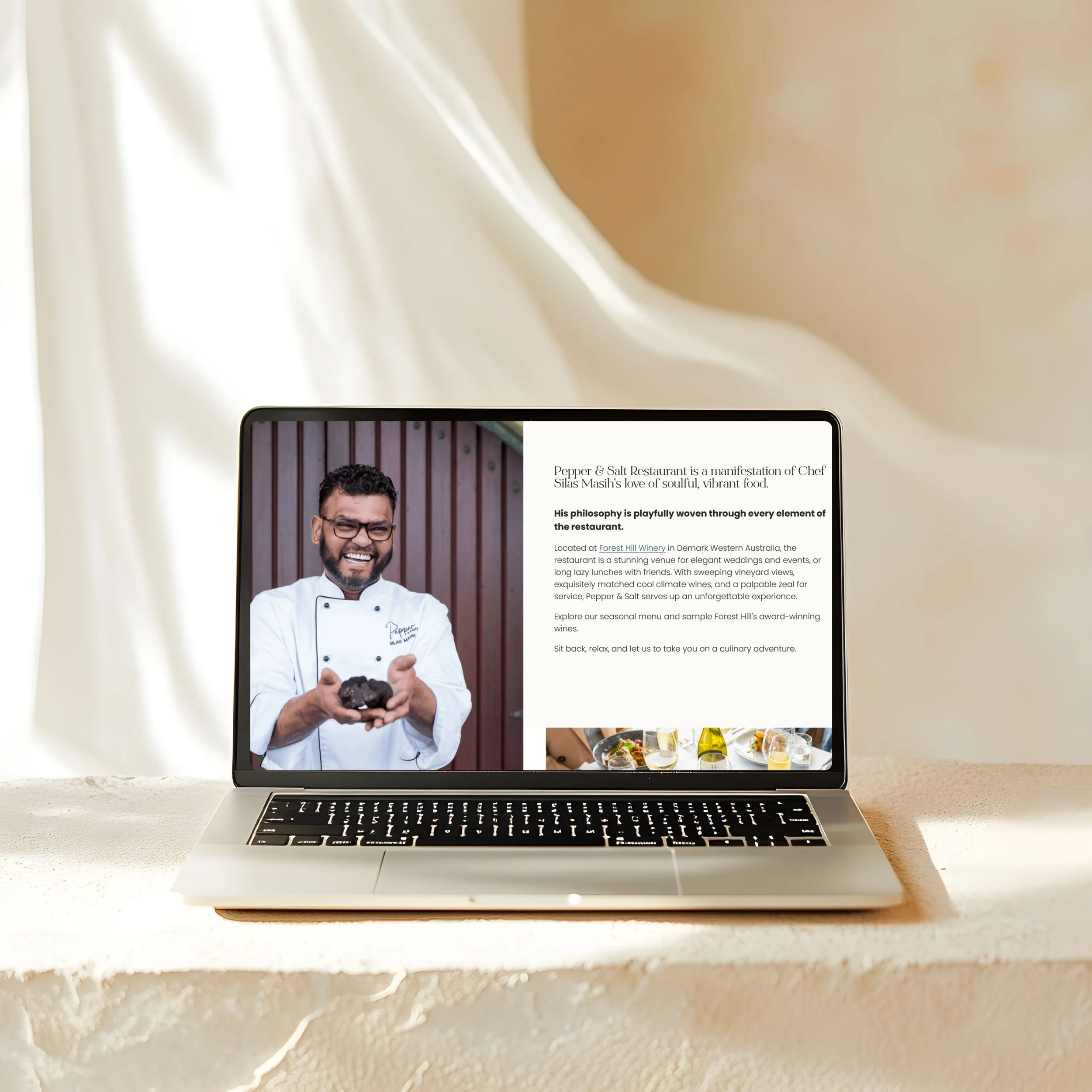 A laptop displaying a the services page of  wedding venue Pepper and Salt Restaurant