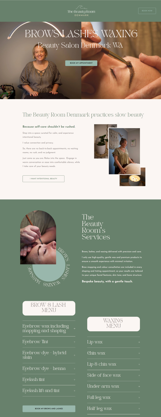 A one-page website for an Australian beautician