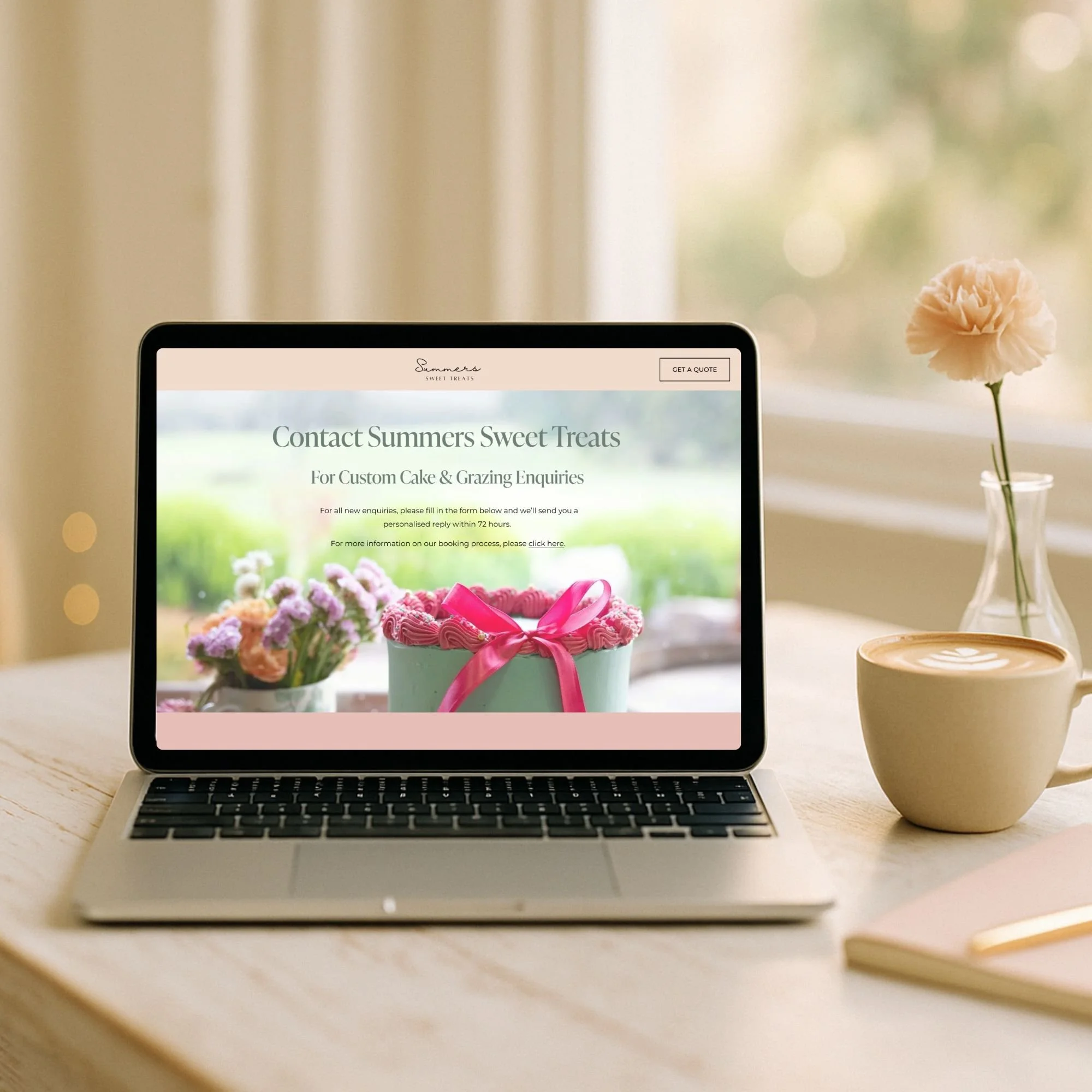 A laptop displaying Summer Sweet Treats wedding cake website