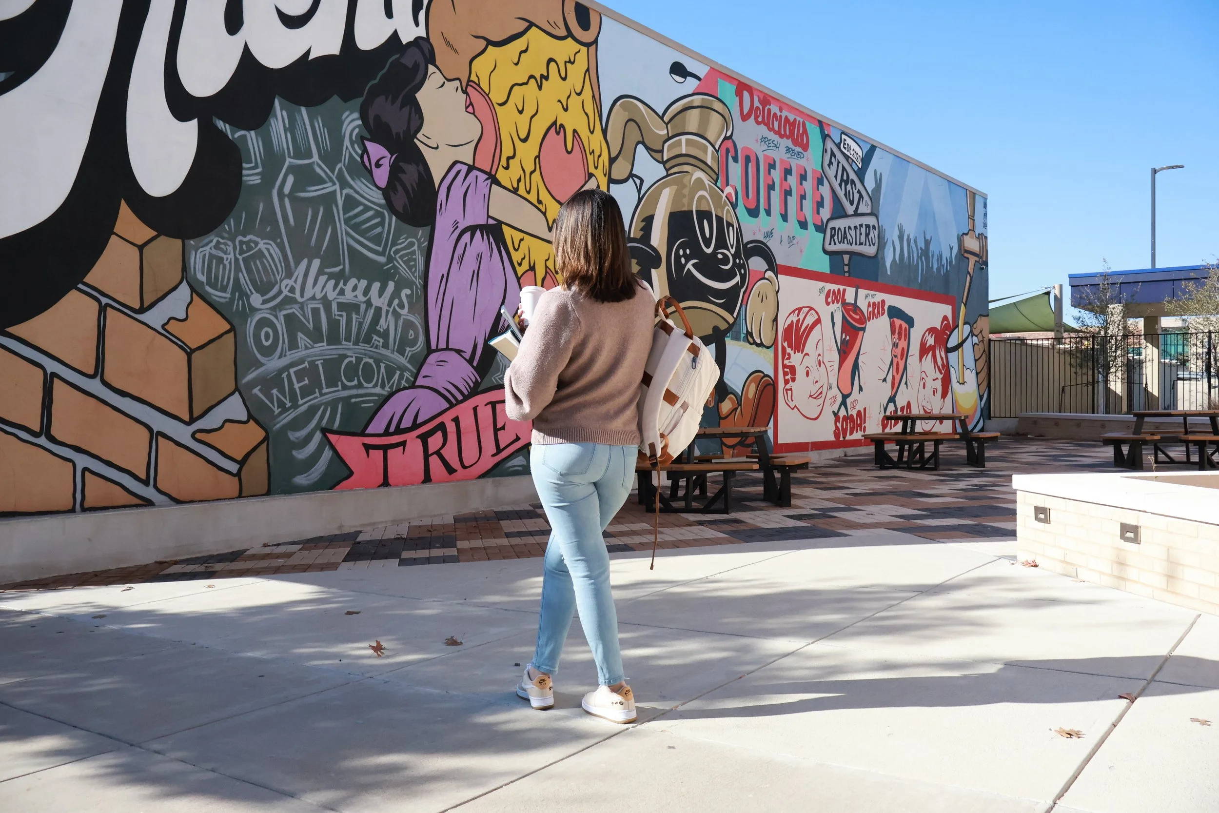 Colorful mural near First Street Roasters in downtown Temple, perfect for outdoor photos.