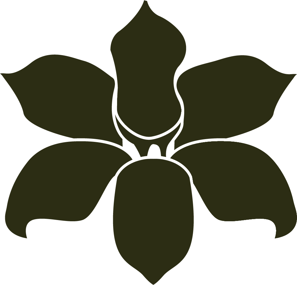 A stylized, dark silhouette of a flower with six petals arranged in a circular pattern.