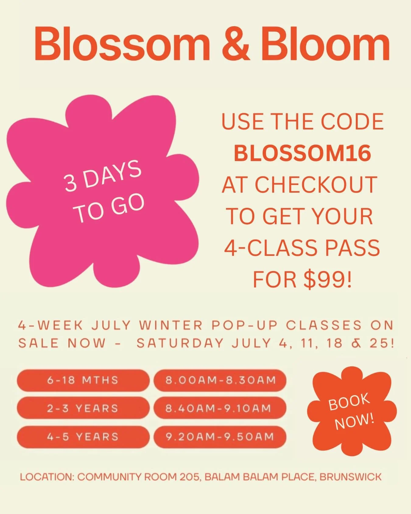 We&rsquo;ve got you &amp; your bub covered for Saturday mornings in Winter! Rhymes, singing, movement &amp; play to start each July Saturday 🧡

Make sure you use the code BLOSSOM16 to save on your July Winter 4-Class Pass - usually $115 - get 4 clas