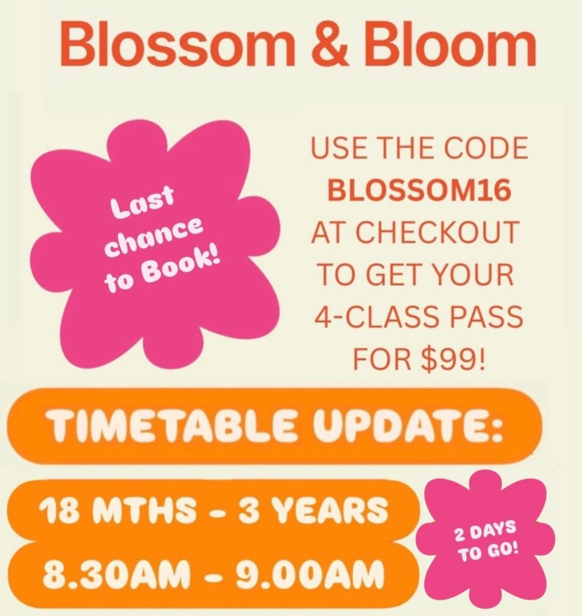 TIMETABLE UPDATE!

We&rsquo;ve altered our timetable slightly so that 18months - 3 years are scheduled from 8.30-9am - just 10 minutes earlier, and our age bracket to include 18 months - 3 years!

If you have any questions, feel free to DM! 🧡

We ca