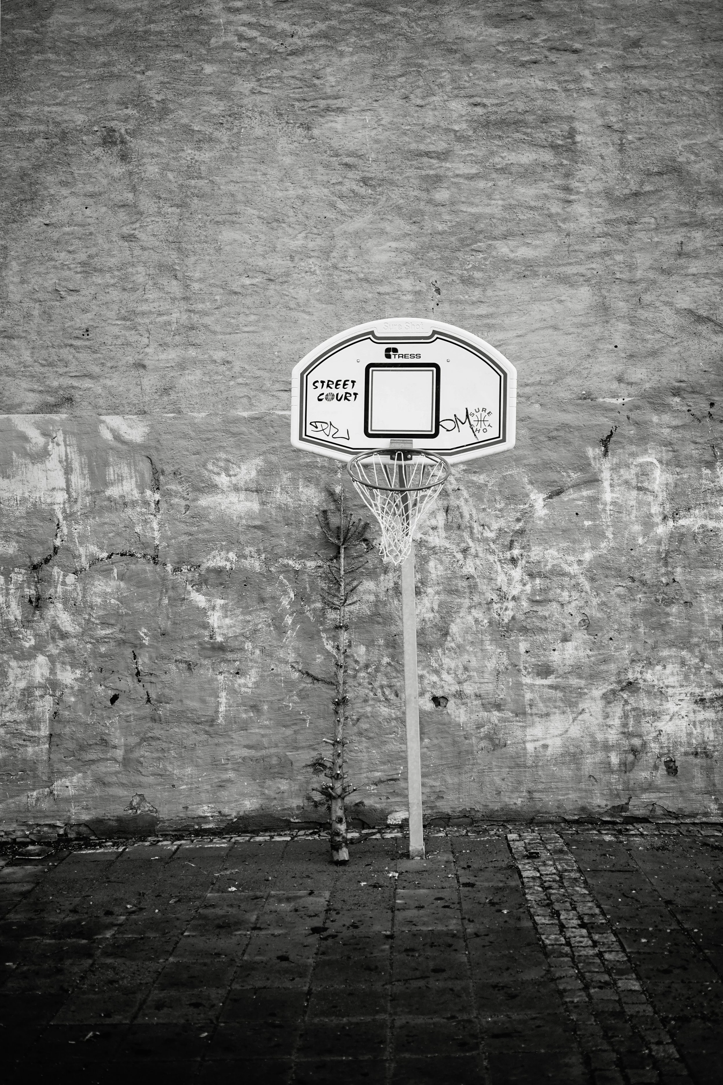 En svartvit bild av en basketkorg med en uppdaterad skylt som säger 'Street Court' framför en gammal vägg.