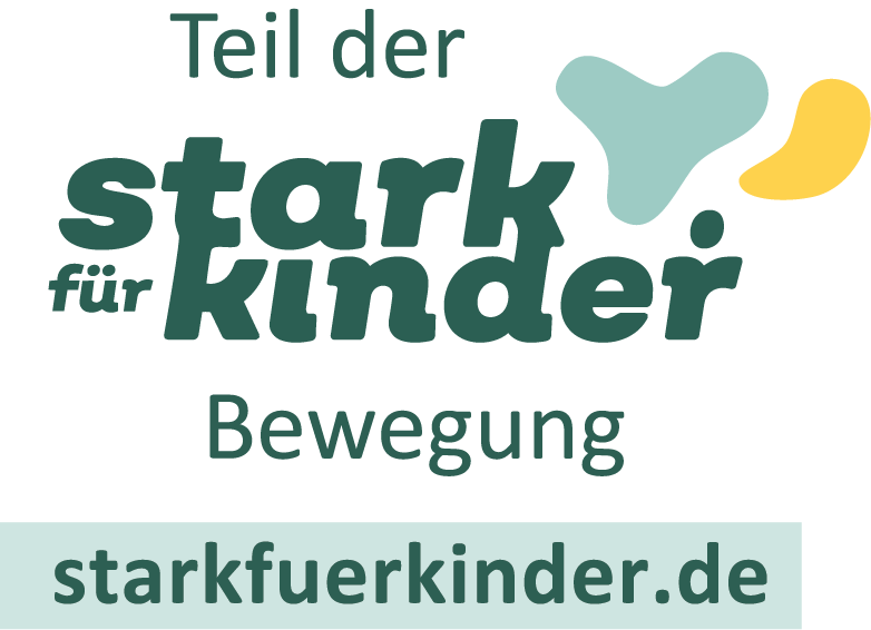 Logo mit dem Text "Teil der stärk für kinder Bewegung" und der Website "starkfuerkinder.de" mit zwei bunten Herz- und Halbmondsymbolen.