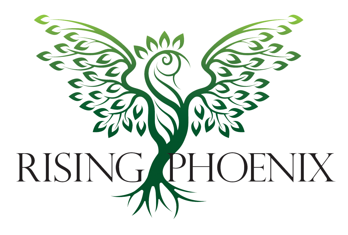 A stylized green phoenix with leaf-like wings and a tree trunk body, with the words "RISING PHOENIX" underneath.