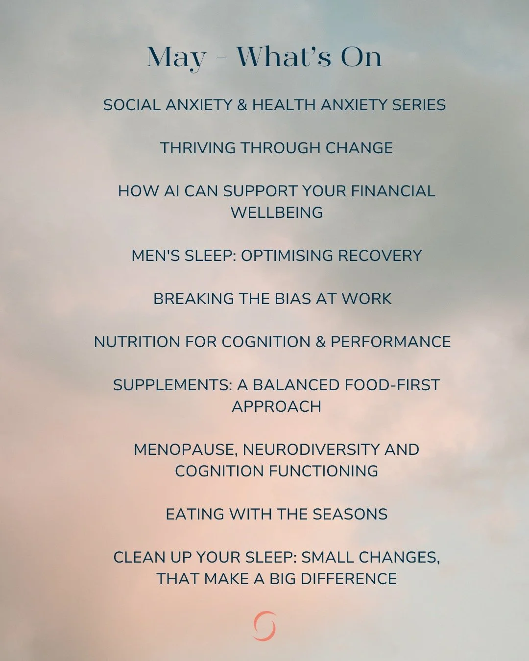 A good mix this month.

👇 Some of the sessions we're organising for our clients in May:

- Social anxiety and health anxiety series
- Thriving through change
- How AI can support your financial wellbeing
- Men's sleep: optimising recovery
- Breaking