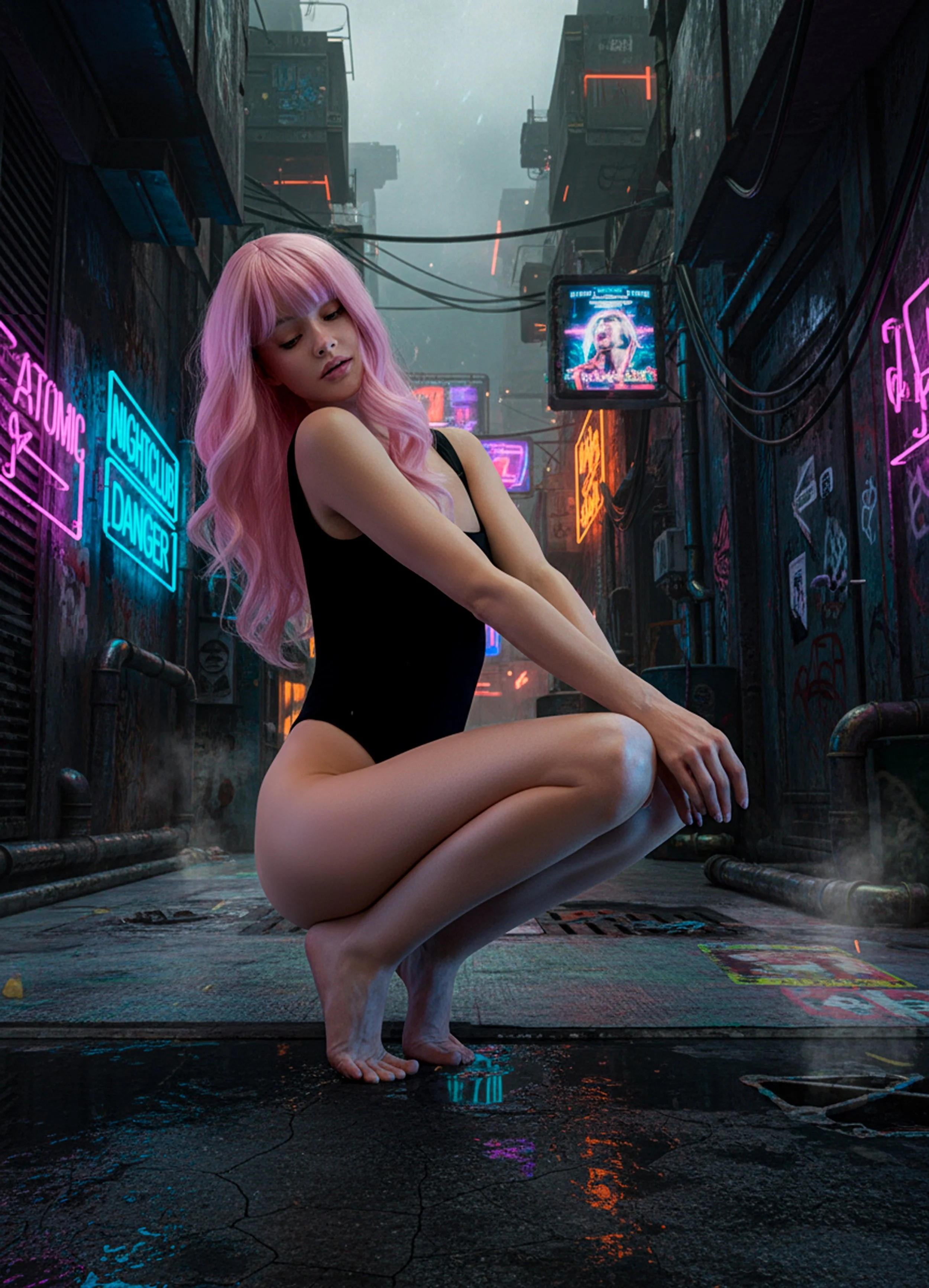 Rain drips maybe broken memories; down neon signs flickering as if the city is trying to breathe. She crouches in the glow; a silhouette carved from static and stormy light; we are watching the skyline pulse with secrets no human is meant to decode. 