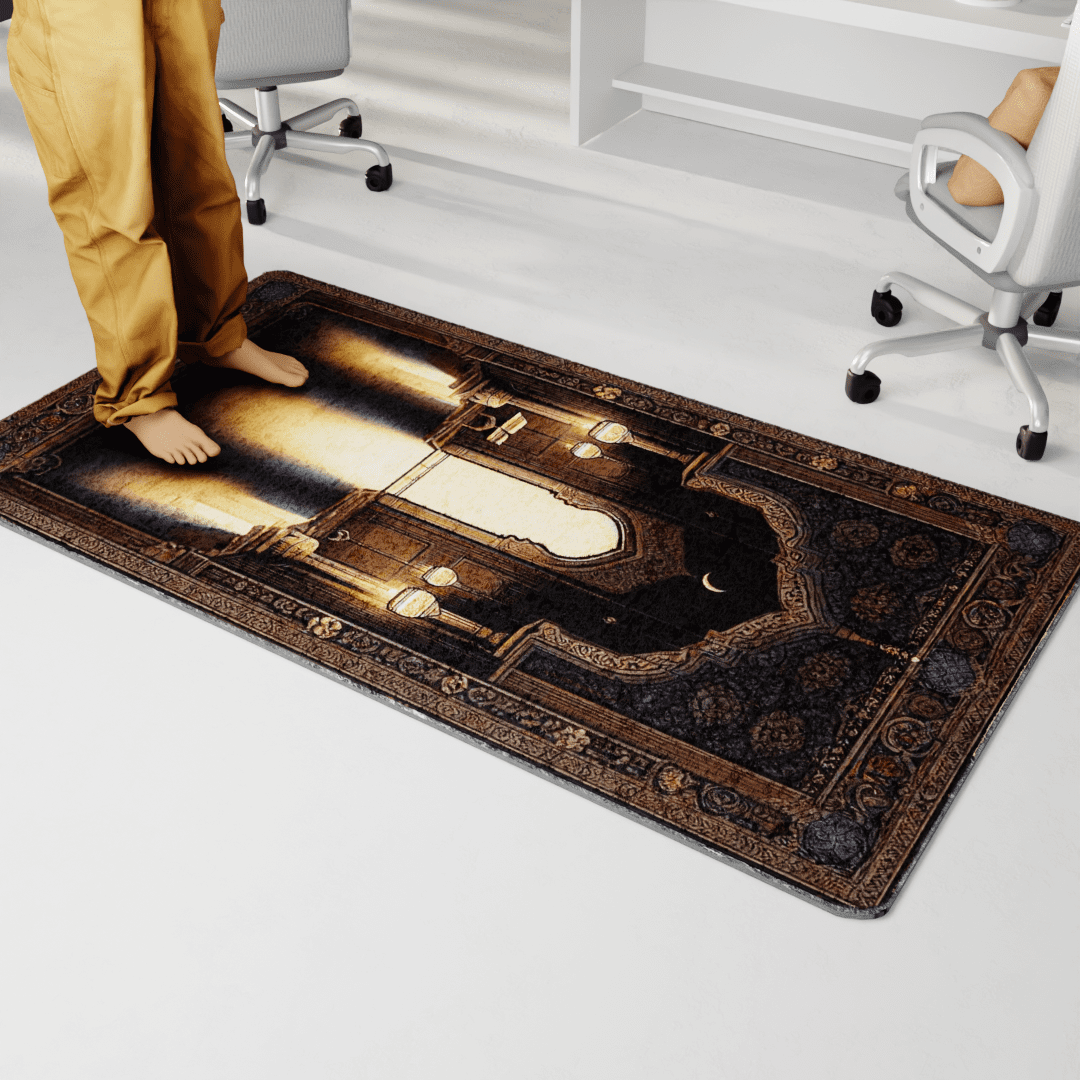 photo of someone praying on the sunrise v2 non digital prayer rug