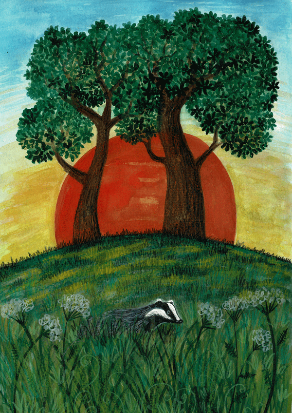 A mixed media painting of a badger and oak trees at sunset.