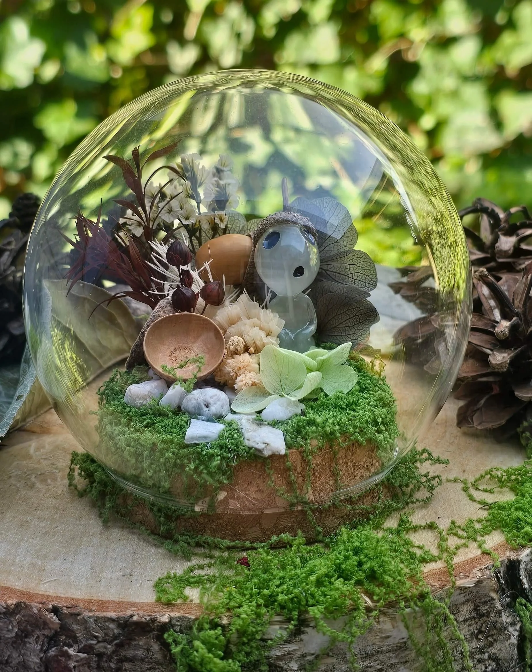 A glass terrarium with plants, small decorative objects, and a cute ceramic dog figurine inside, set outdoors on a natural surface with greenery in the background.