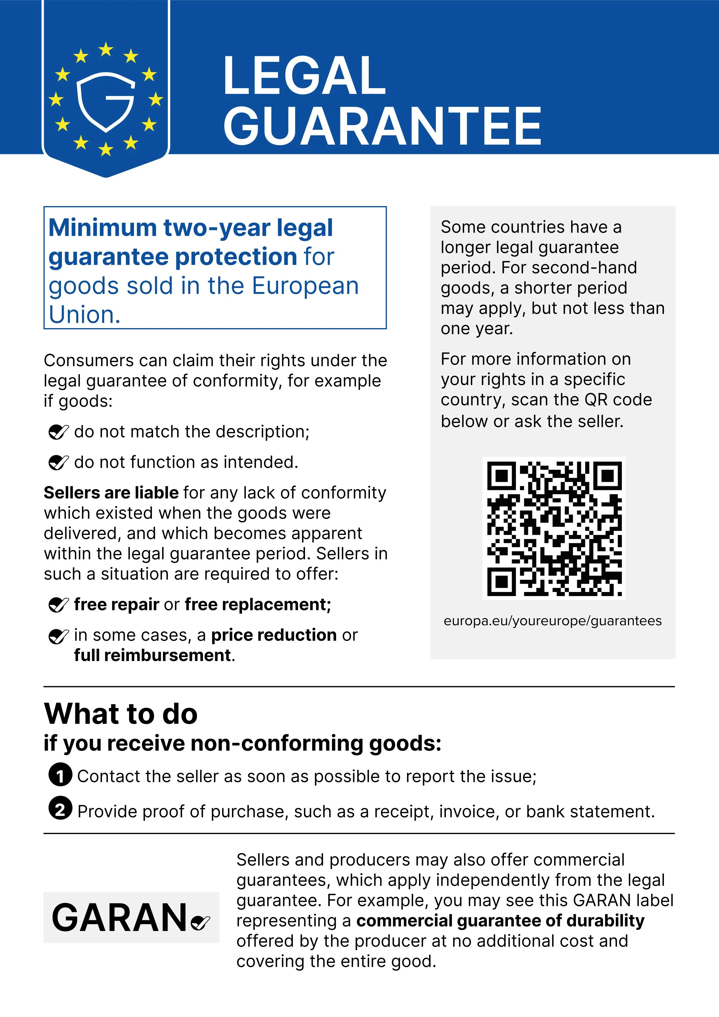 A page explaining legal guarantees for goods sold in the European Union, including a QR code for more information, and details about consumer rights and seller responsibilities.