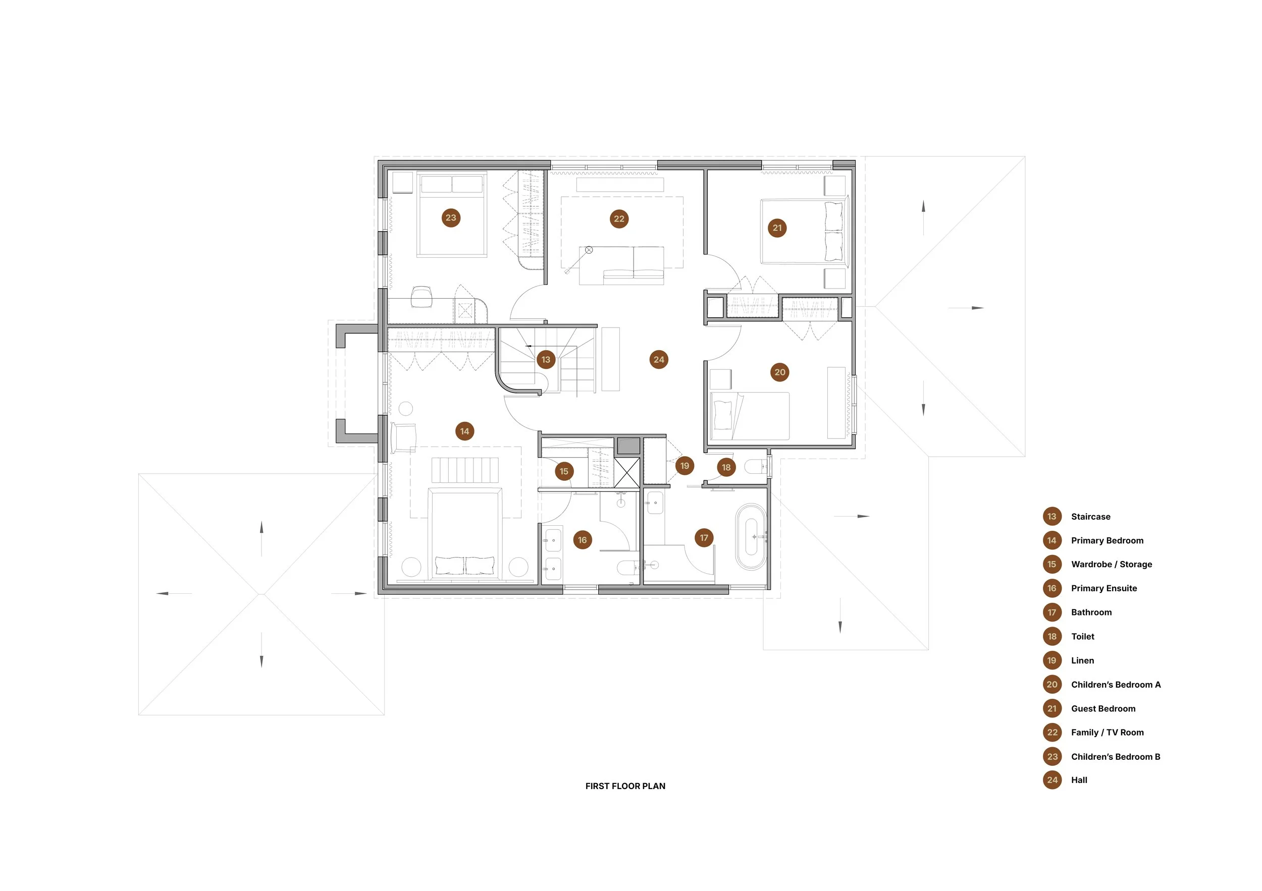 First floor plan of a house showing various rooms labeled with numbers and their corresponding descriptions listed on the right side, including bedrooms, bathrooms, living areas, and hall.