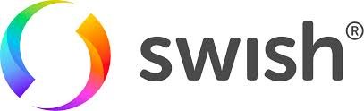 Swish-logotypen med färgglad cirkel och texten "swish" på vit bakgrund.
