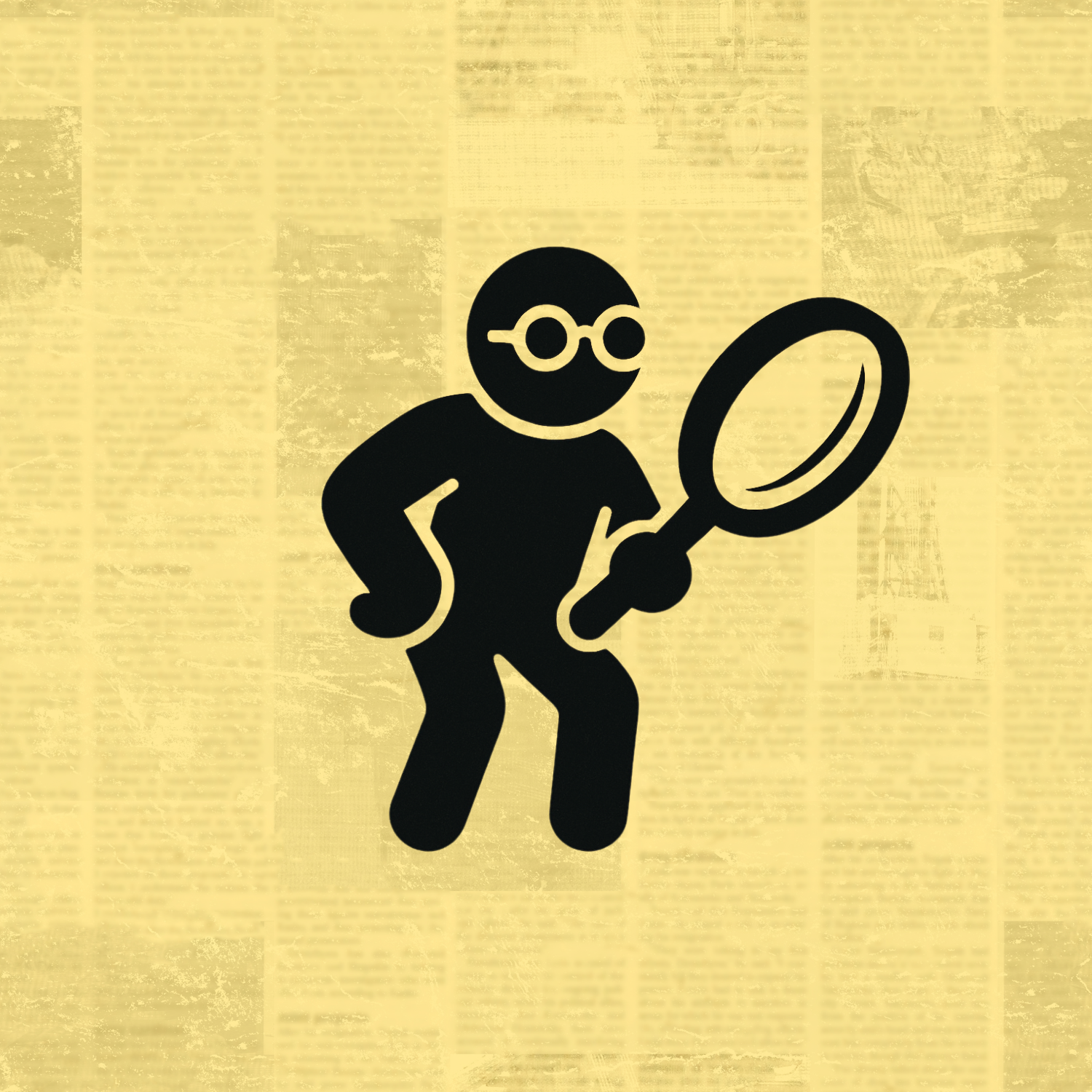 Ikon av en person med glasögon som håller i ett förstoringsglas, mot en bakgrund av gammaldags tidningstext.