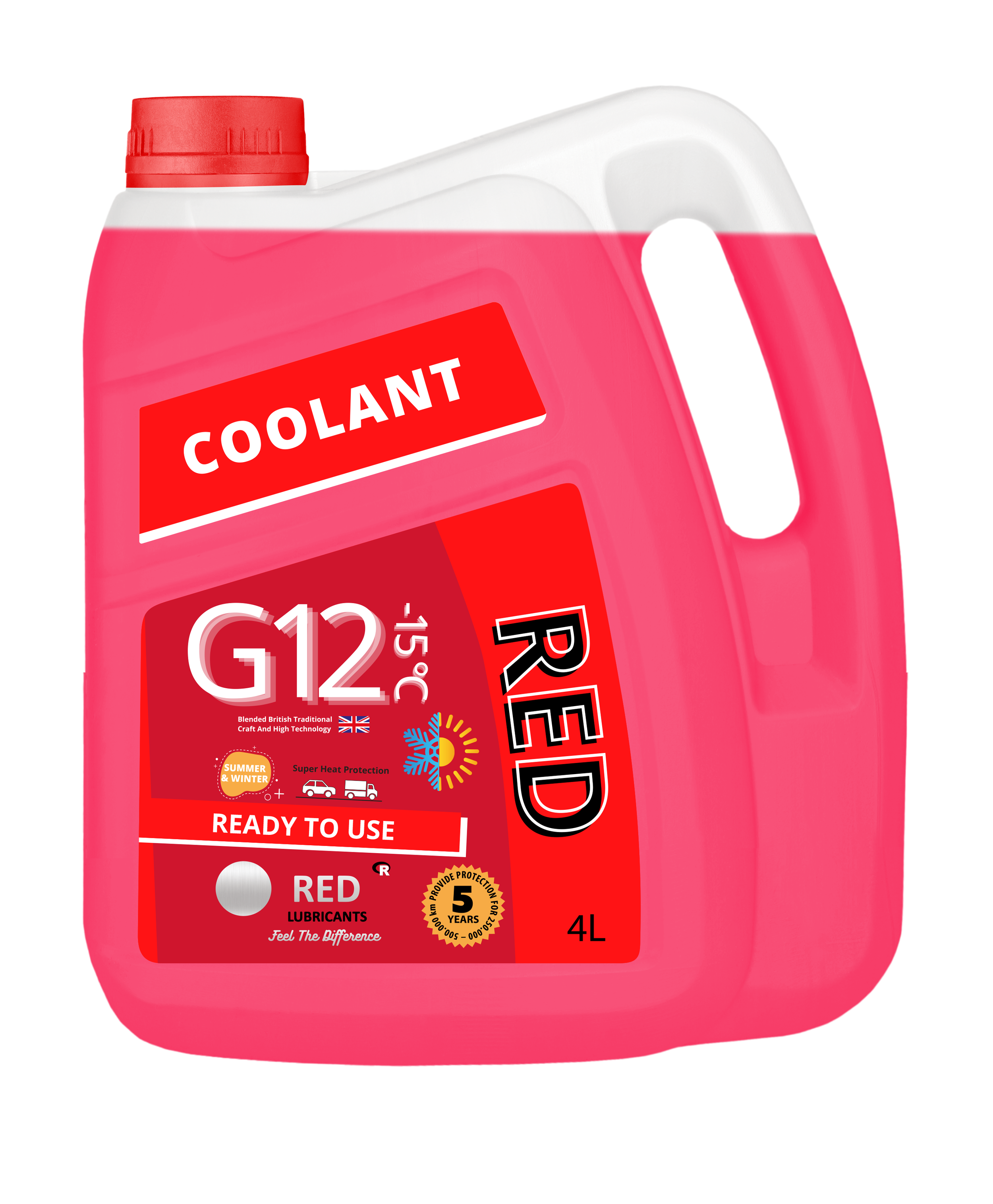 Red coolant container labeled G12, 4 liters, ready to use, with a red cap and handle.
