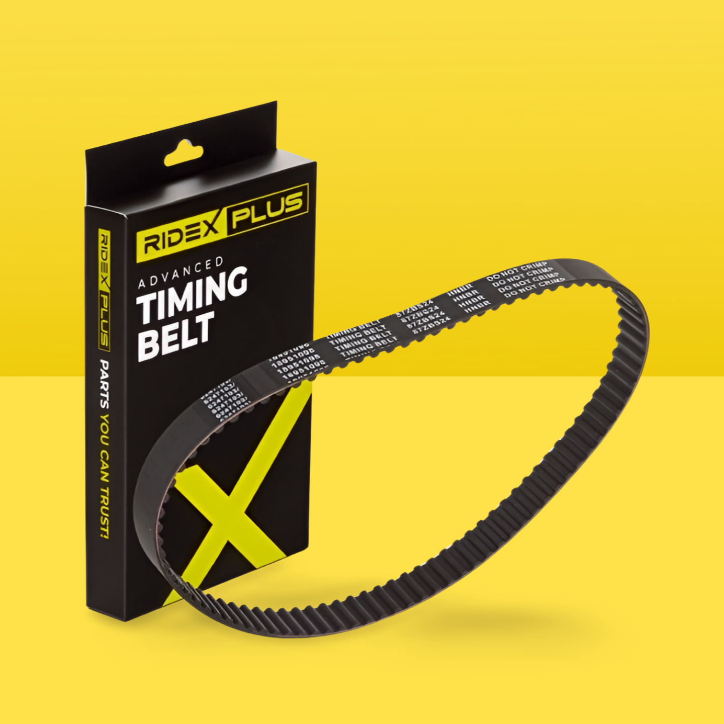 Ridex Plus advanced timing belt packaging with a visible timing belt against a yellow background.