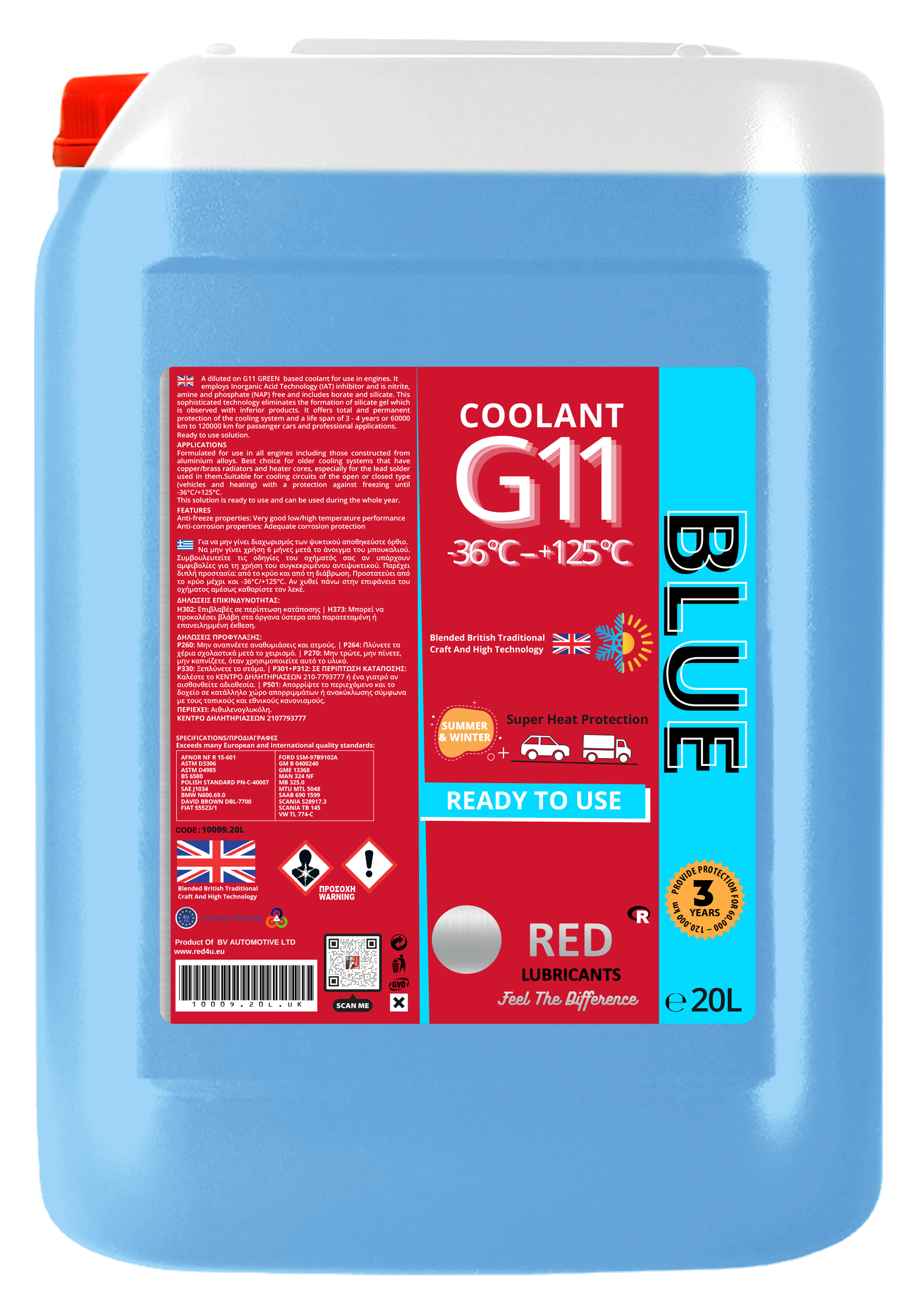 20-liter blue container of G11 coolant labeled "Ready to Use," designed for engine heat protection.