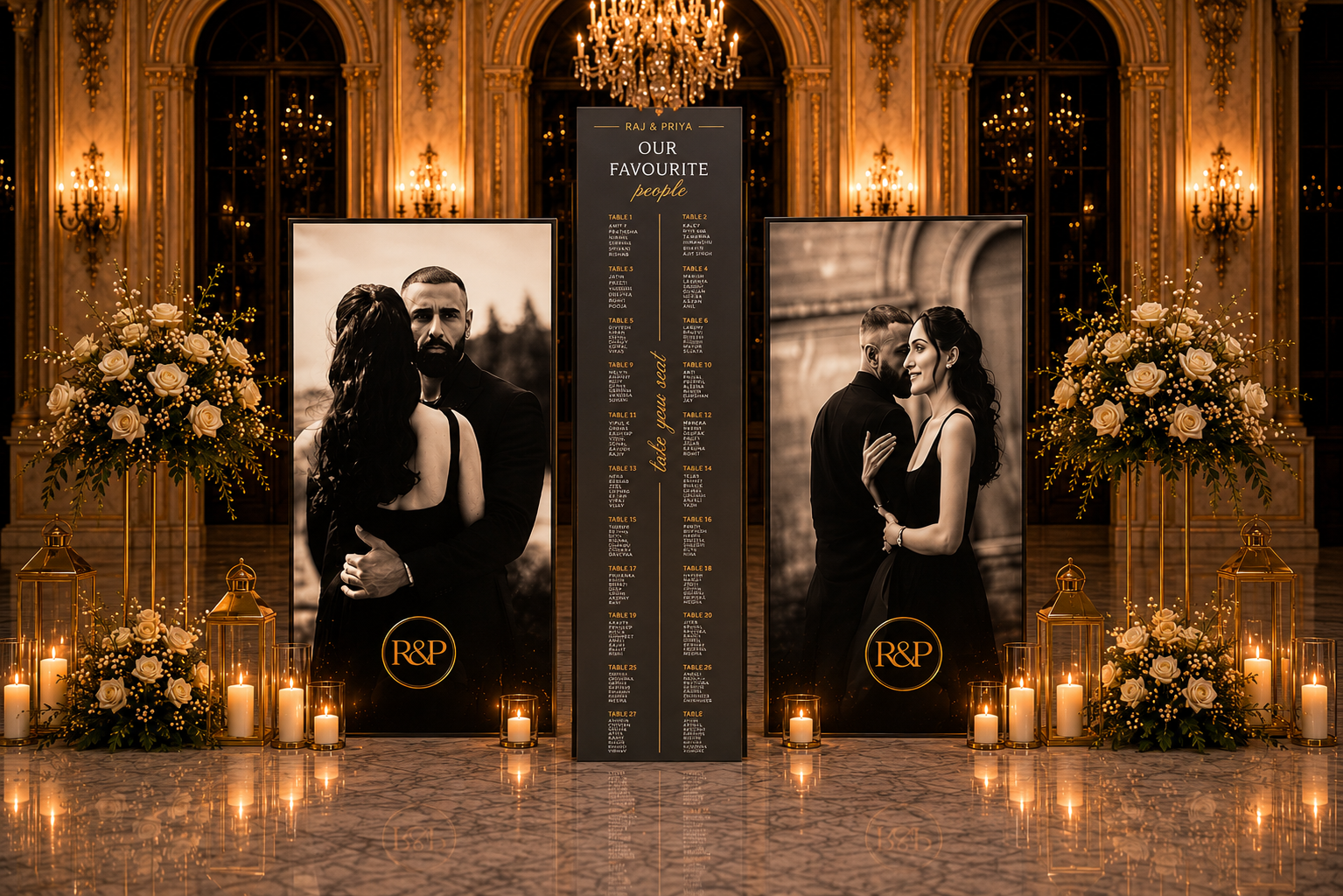 Panoramic Trio Board Luxury Seating Plan Welcome Sign