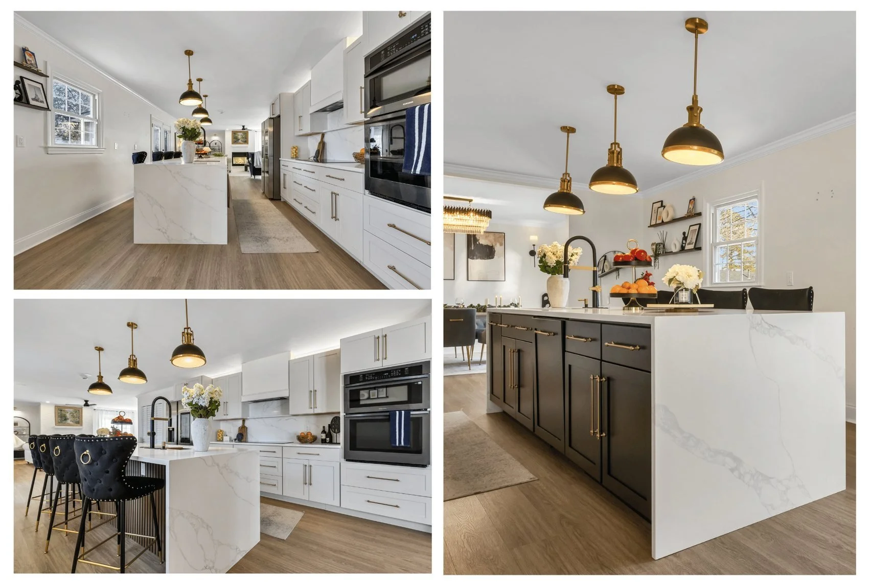 Complete kitchen remodel with marble island and brass pendants by Heritage Design Concepts