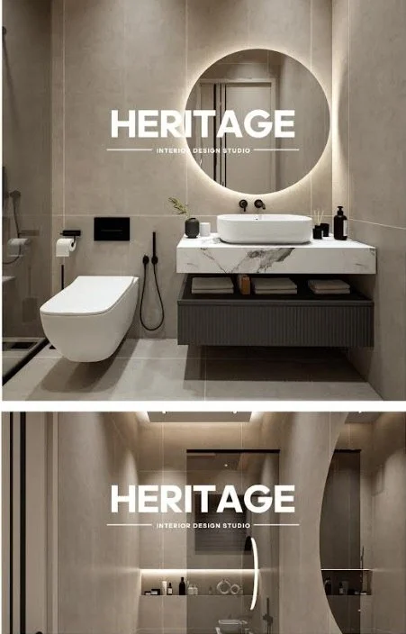 Main bathroom with stone finishes and integrated lighting in Dubai luxury residence