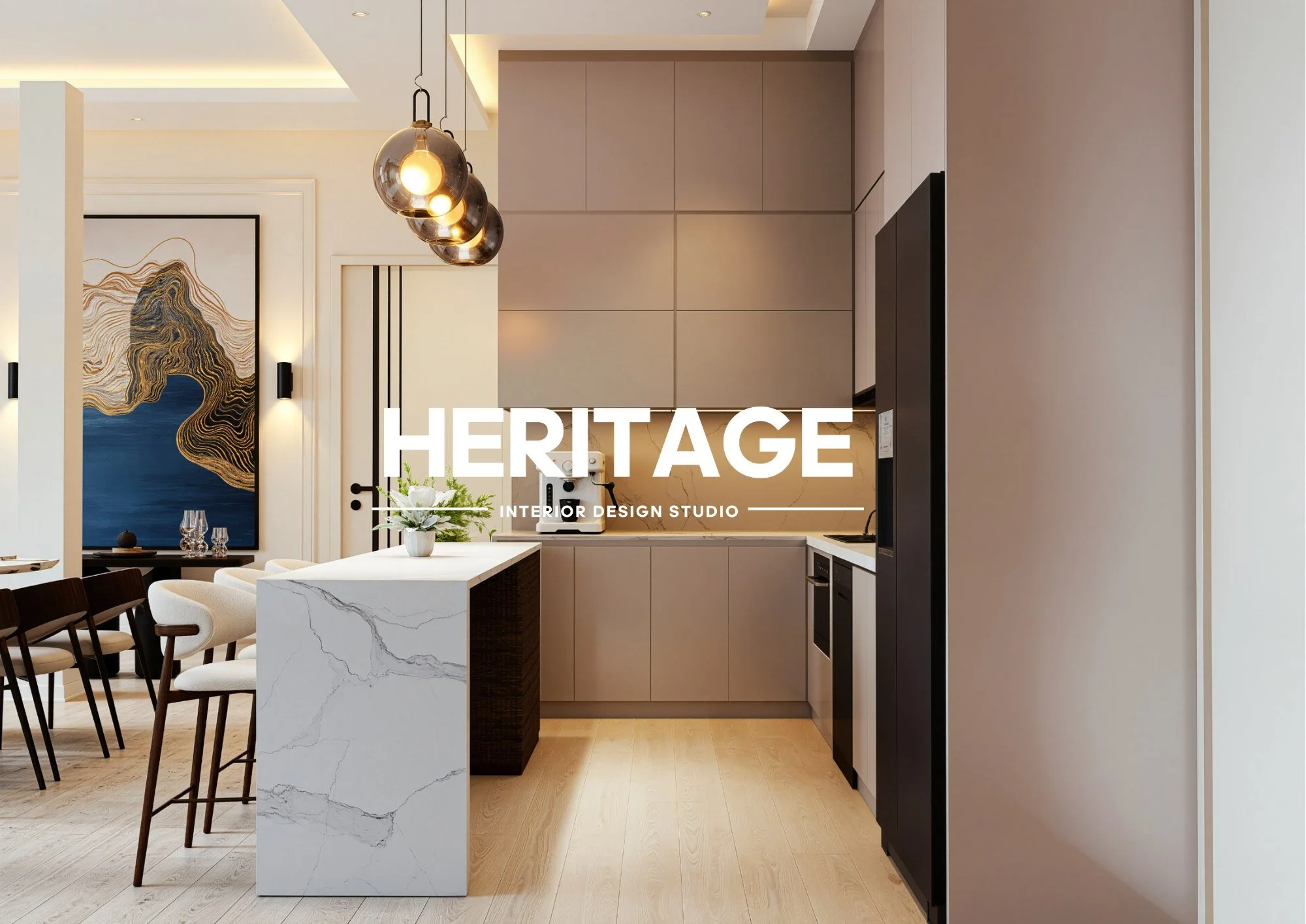 Interior detail showing fluted panelling and brushed metal finishes, Dubai residence