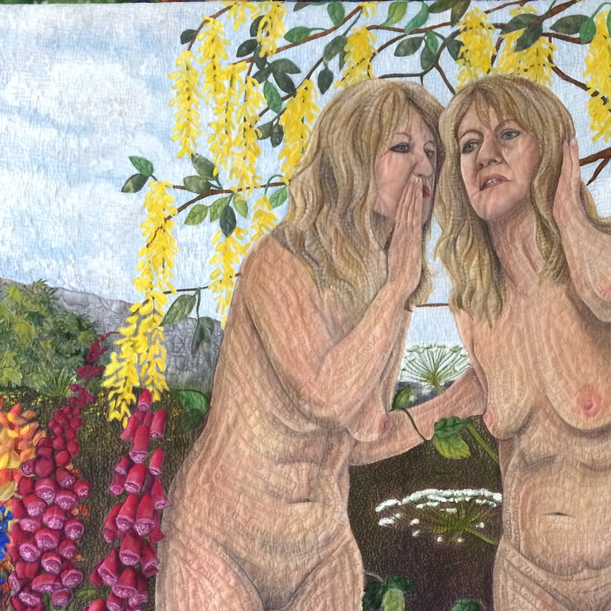 SOLD  A Life Story quilt - Poisonous Plant. Applique with heavy machine stitch. Text stitched onto bodies and then painted over. 