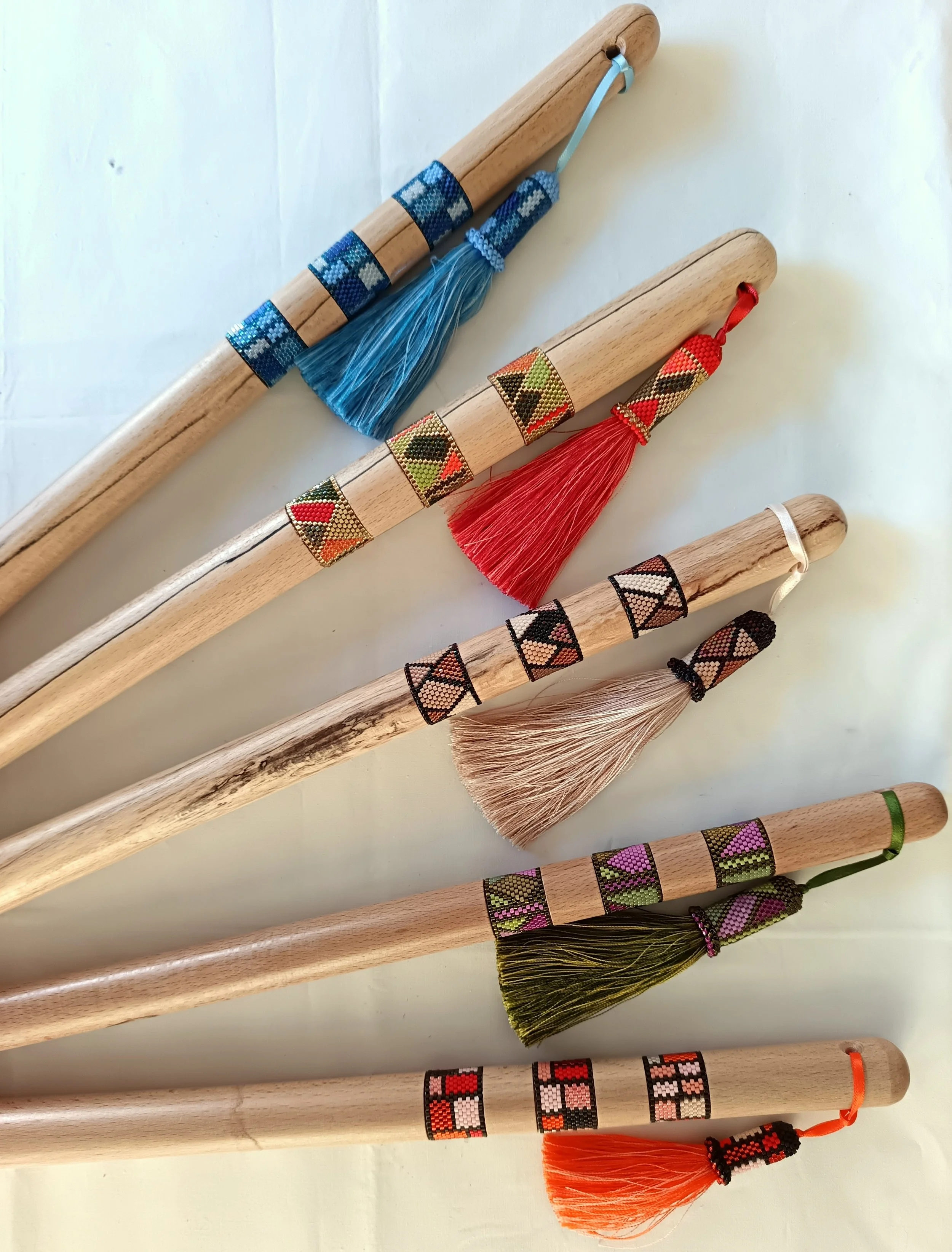 £30.00 each inc UK p&p. Hand turned, beaded and tasselled Pin Sticks. Hidden magnets in the base of the stick allow you to pick up pins without the need to bend down. Beautiful in their own right of course, but very useful!
