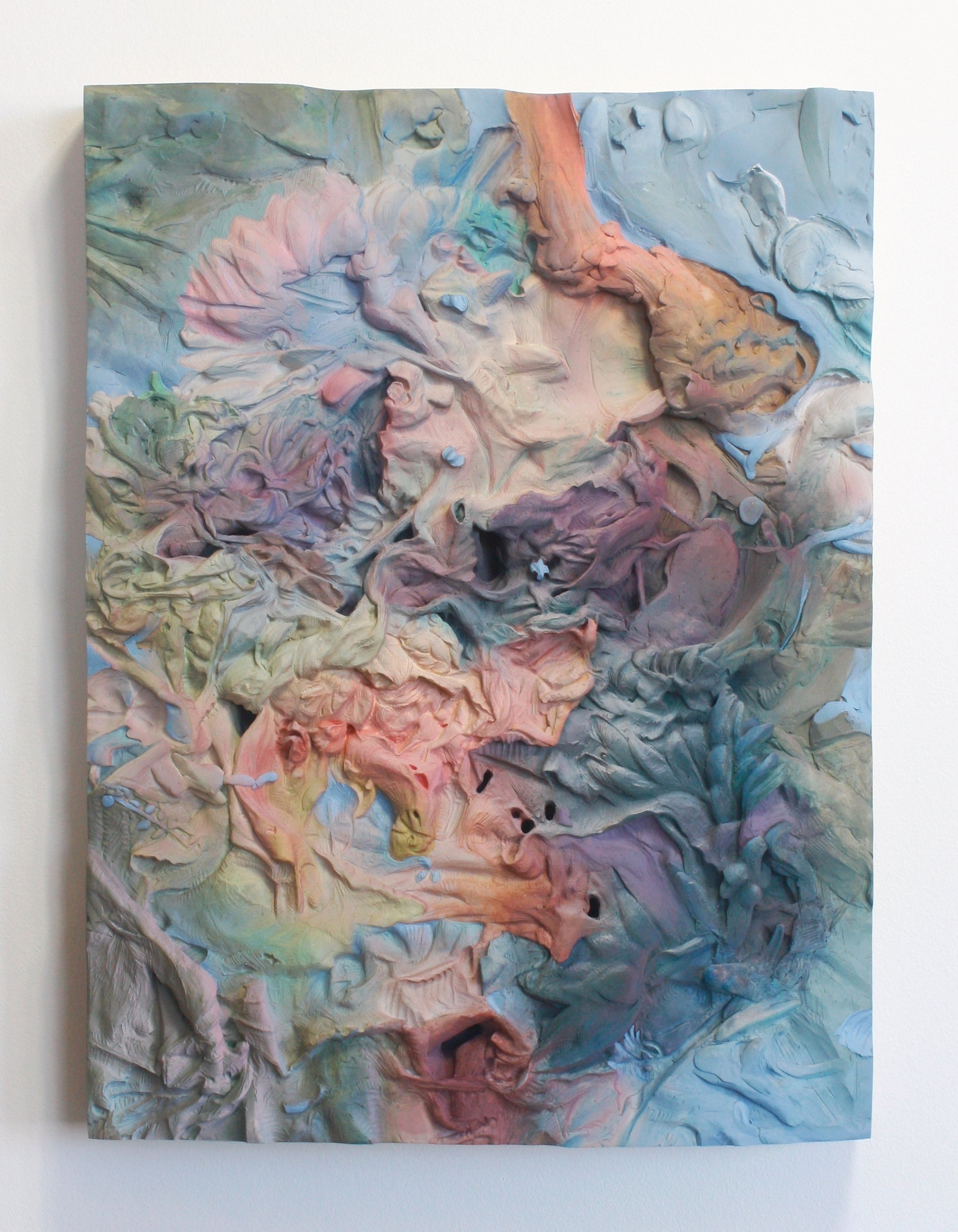  Garden Nebula , 2025, 40 × 30 × 5 cm, epoxy clay, acrylic gouache, and oil paint on wood panel