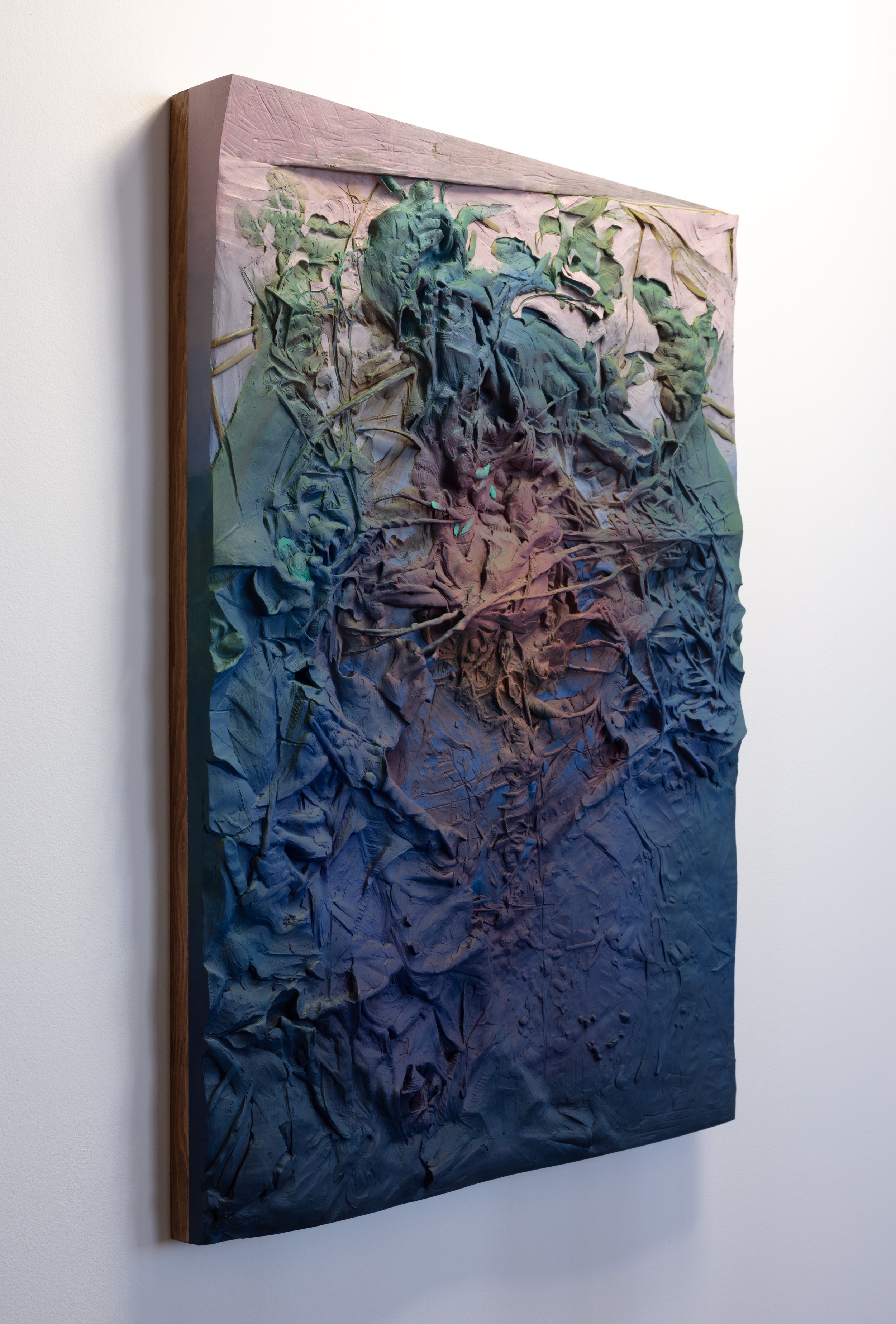  Dancing Giants , 2026, 66 × 50 × 8 cm, epoxy clay, acrylic gouache, and oil paint on wood frame