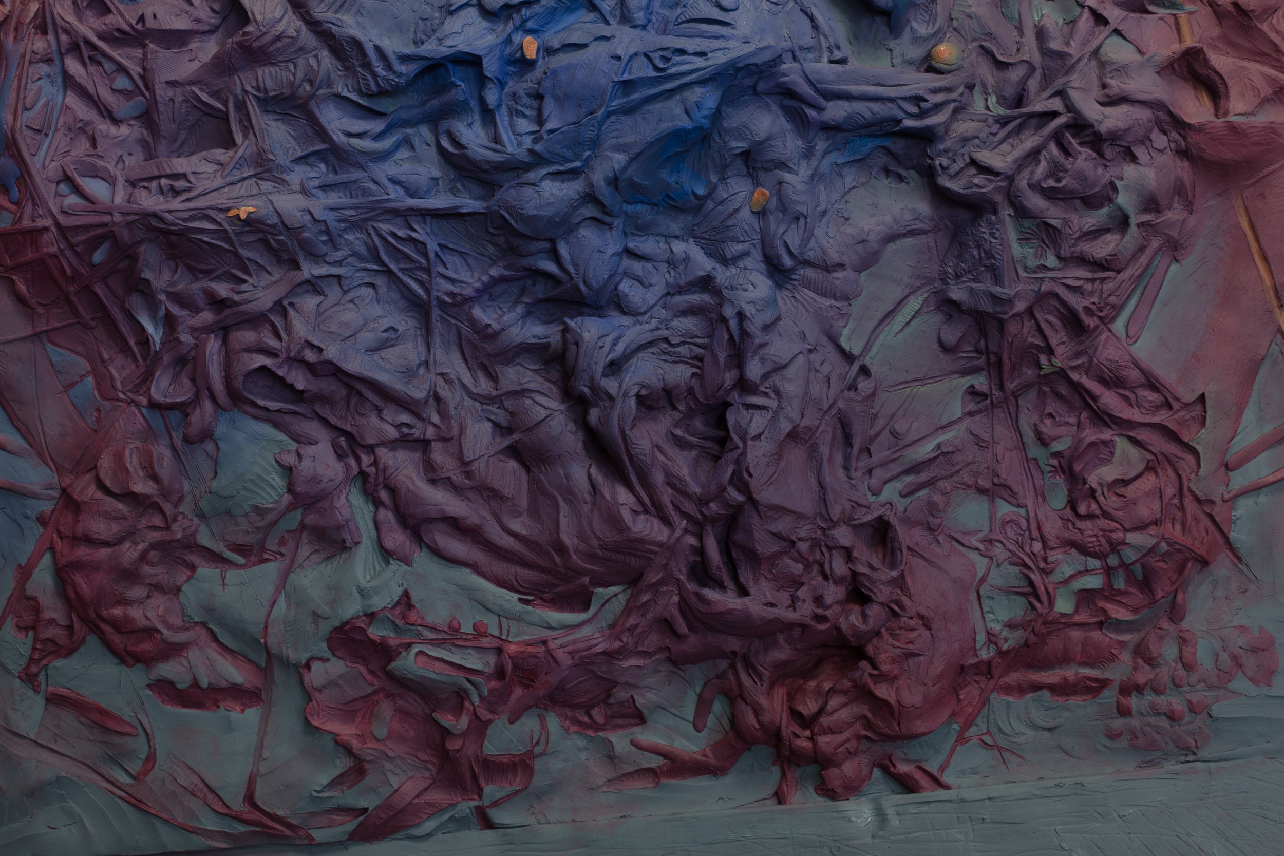  Morning Song , detail, 2026, 66 × 50 × 8 cm, epoxy clay, acrylic gouache, and oil paint on wood frame