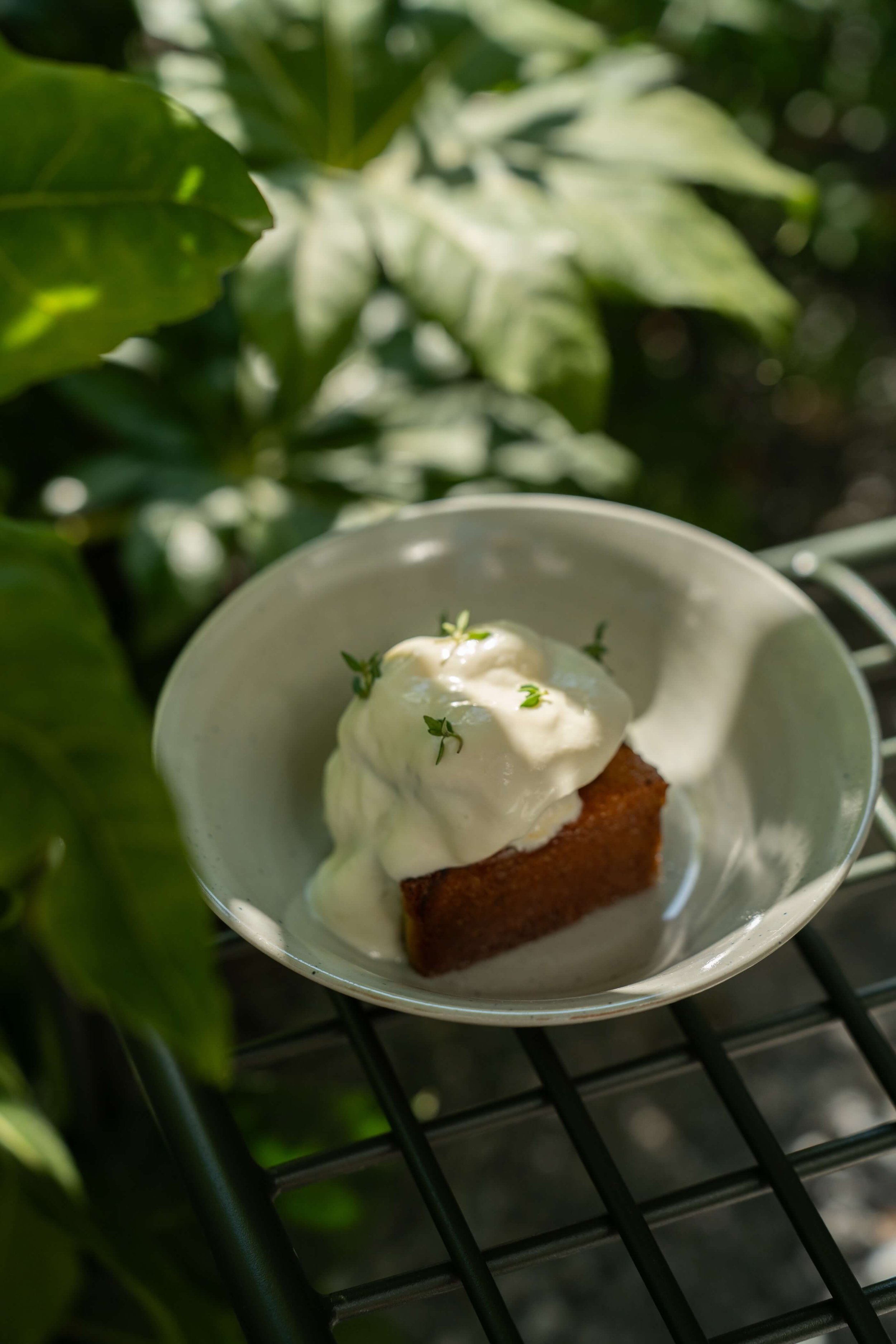 Warm French toast dessert topped with stewed apricot, whipped ricotta cream and fresh herbs at Neri