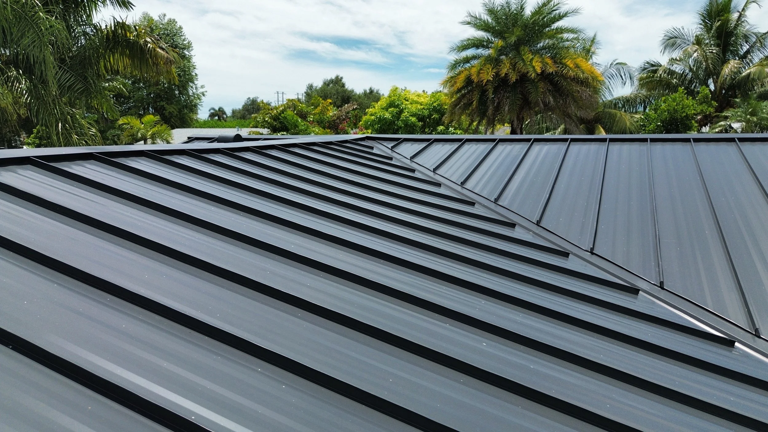 Metal roof with multiple ridges and valleys, surrounded by lush green trees including palm trees, under a partly cloudy sky.