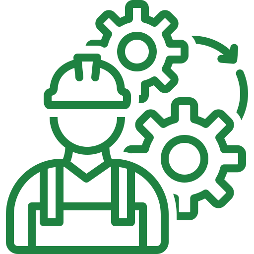 Icon of a worker in a hard hat with gears, representing engineering or maintenance.