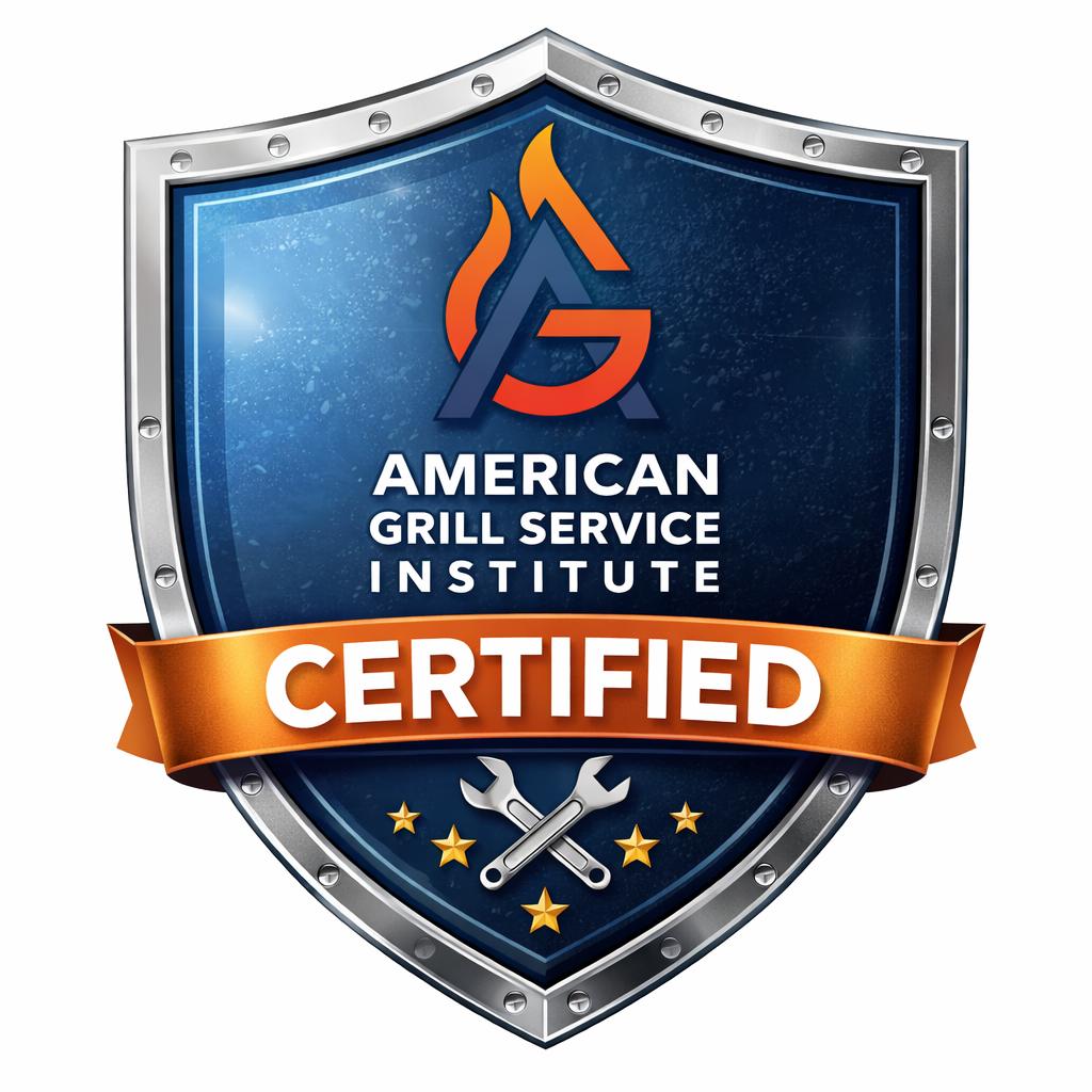 Certified grill cleaning and repair technician performing professional service on a BBQ grill