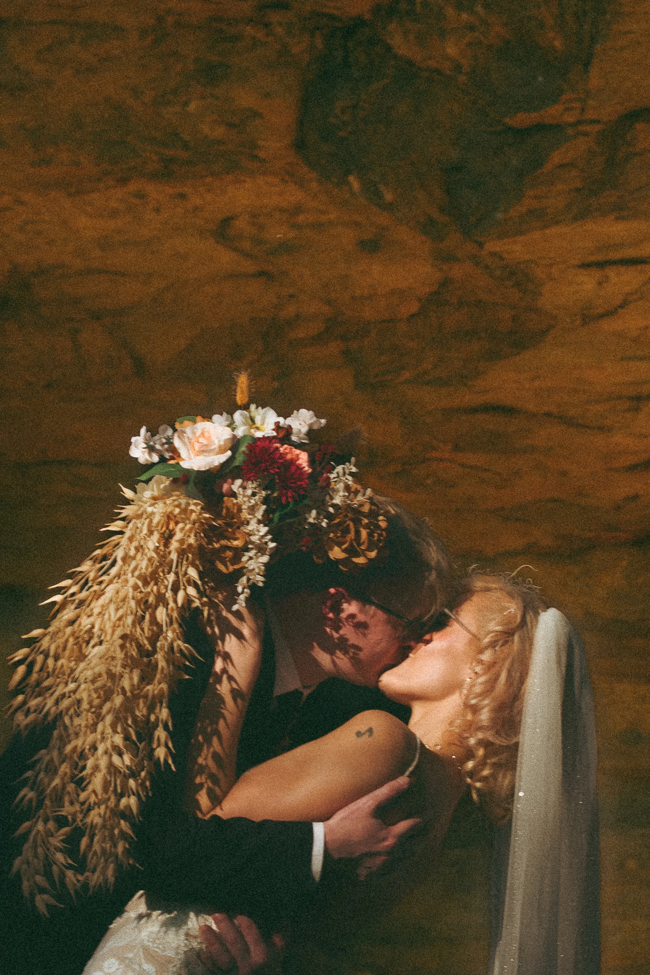 Bride and Groom adventure cave elopement wedding hocking hills,