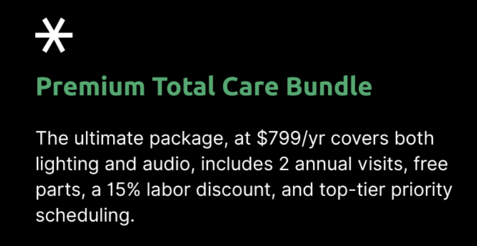 Advertisement for a Premium Total Care Bundle, costing $799 per year, includes lighting, audio, two annual visits, free parts, a 15% labor discount, and priority scheduling.