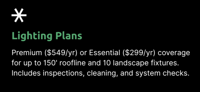 Text advertising lighting plans with pricing and coverage details.