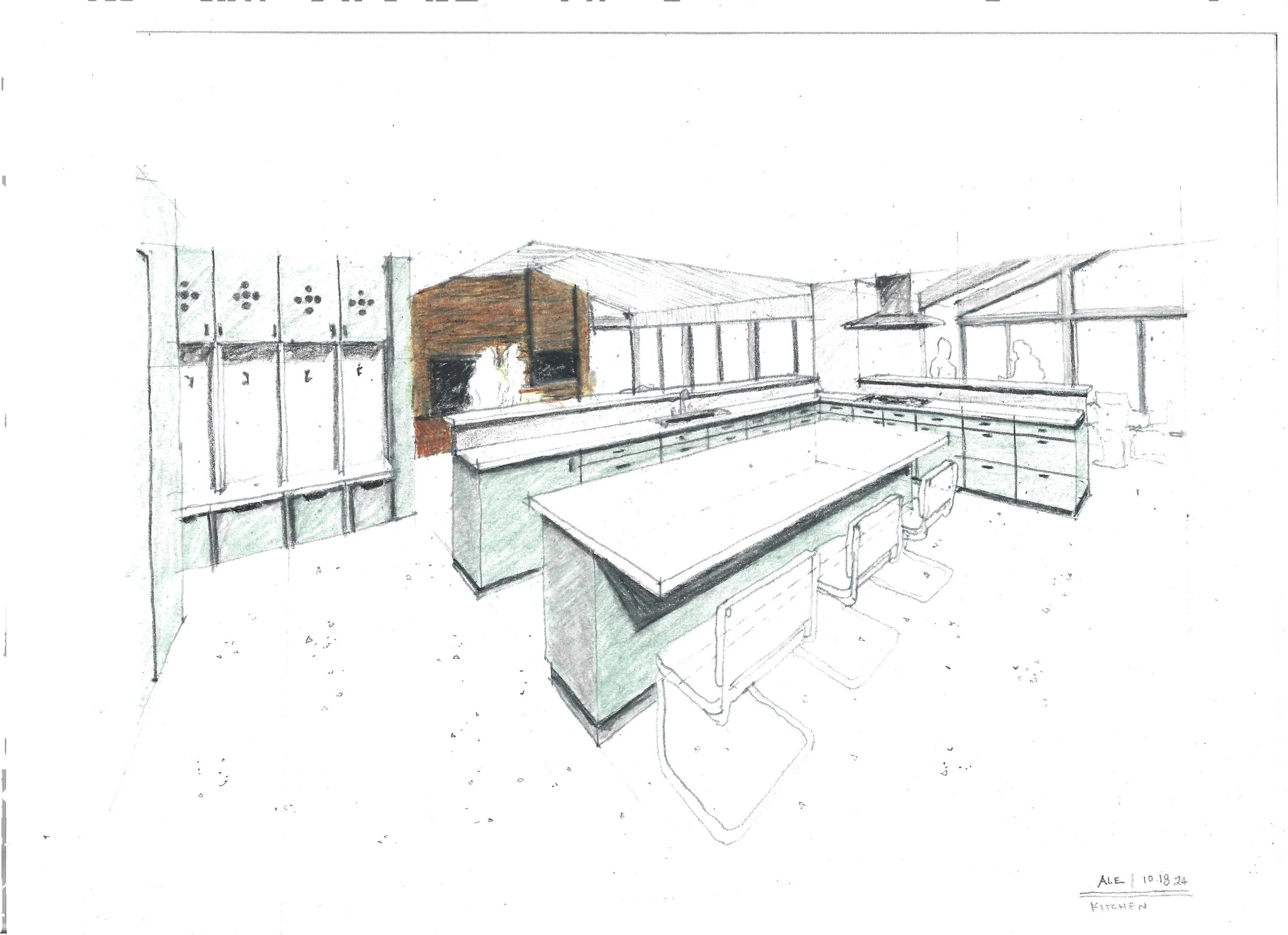A conceptual sketch of a modern kitchen with an island, bar stools, and large windows, featuring cabinets, a stove, and a built-in hood, with some areas colored and others outlined.