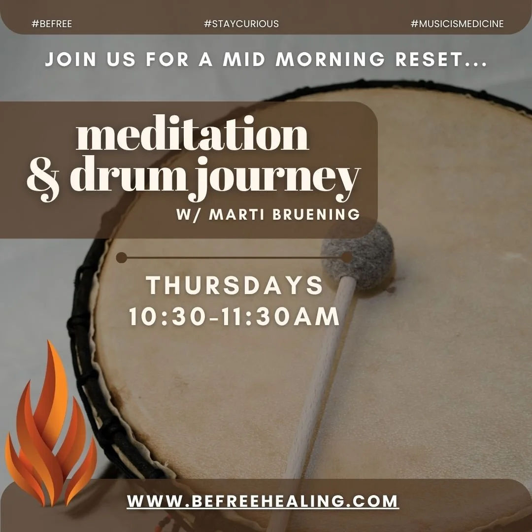 Advertisement for a meditation and drum journey event with Marti Bruening, happening Thursdays from 10:30 to 11:30 AM, with a website link for more information.