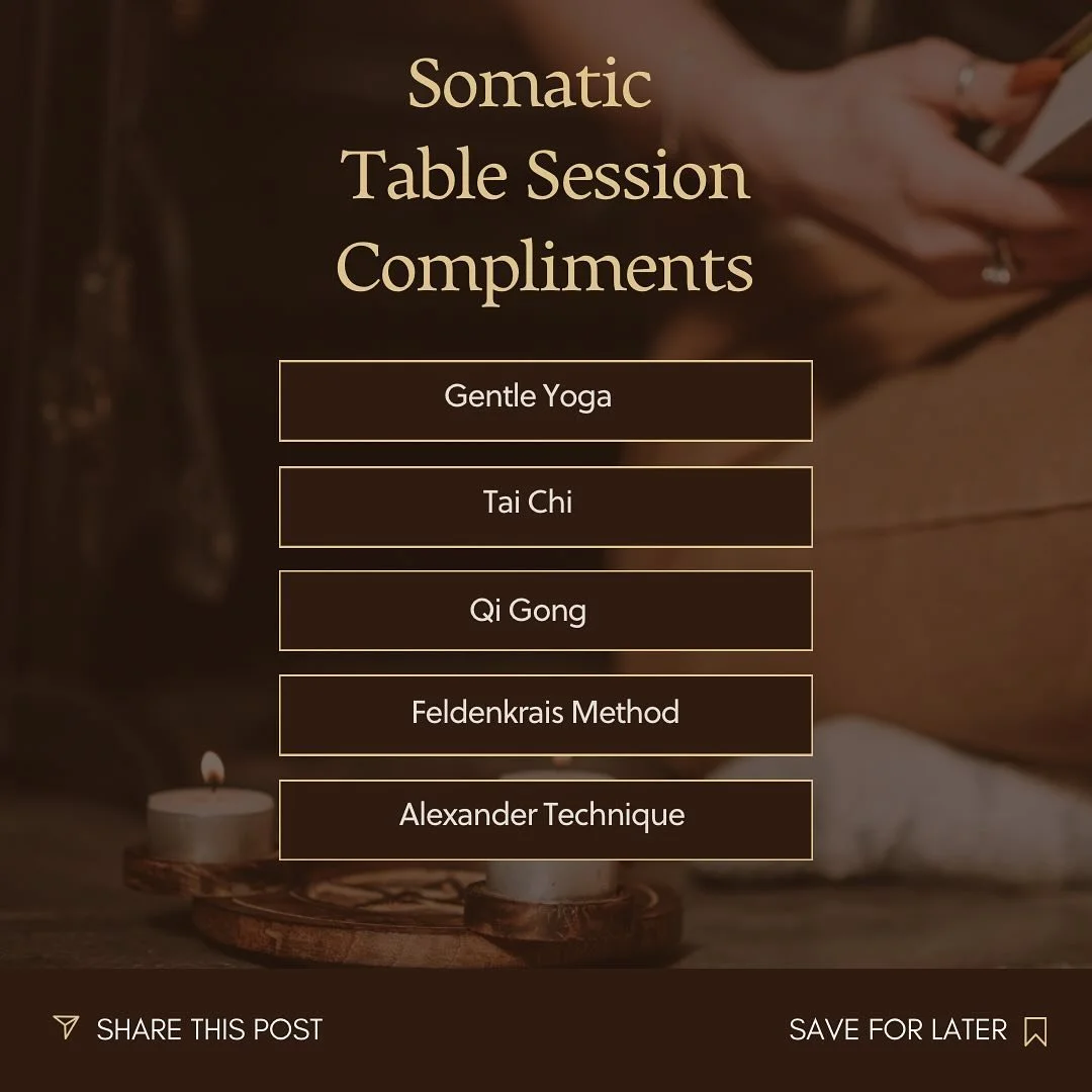 Somatic Table Session Compliments

Support your Table Sessions with these practices between visits:

* Gentle Yoga
* Tai Chi
* Qigong
* Feldenkrais Method
* Alexander Technique

Integrate these practices to deepen and sustain the benefits of your Cra