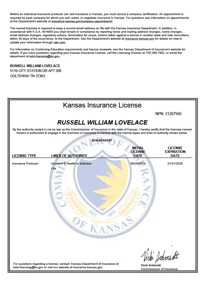 Kansas insurance license certificate awarded to Russell William Lovelace, issued by the Kansas Department of Insurance, with the department's emblem in the background.