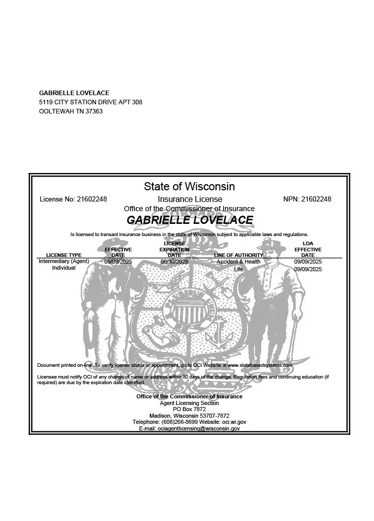 Wisconsin insurance license document for Gabrielle Lovelace with license details and office information.
