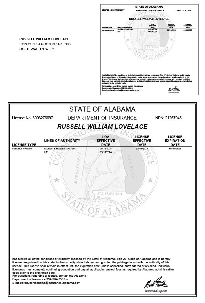 Alabama insurance license document for Russell William Lovelace with personal details, license dates, and state seal.