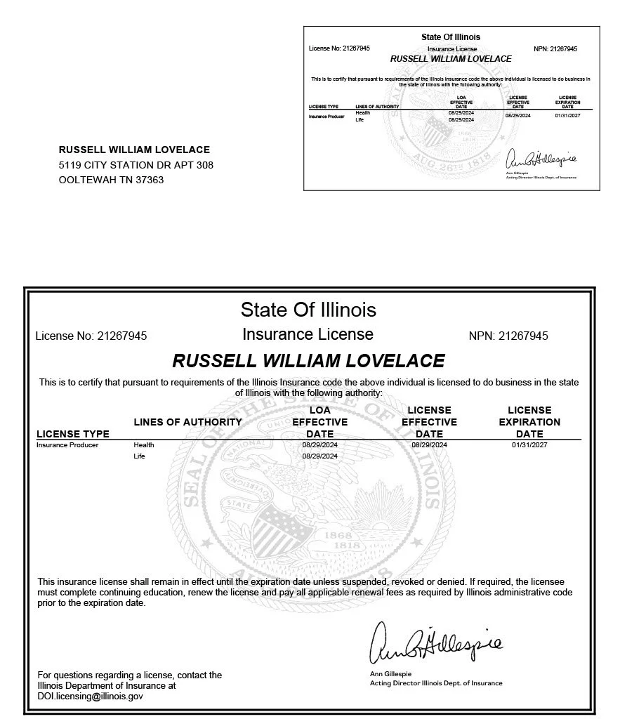 Document showing an Illinois insurance license for Russell William Lovelace, including personal details, license number, issue and expiration dates, signatures, and official seal.