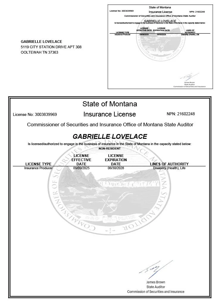 Montana insurance license for Gabrielle Lovelace showing license number, effective date, expiration date, lines of authority, and signature of James Brown.