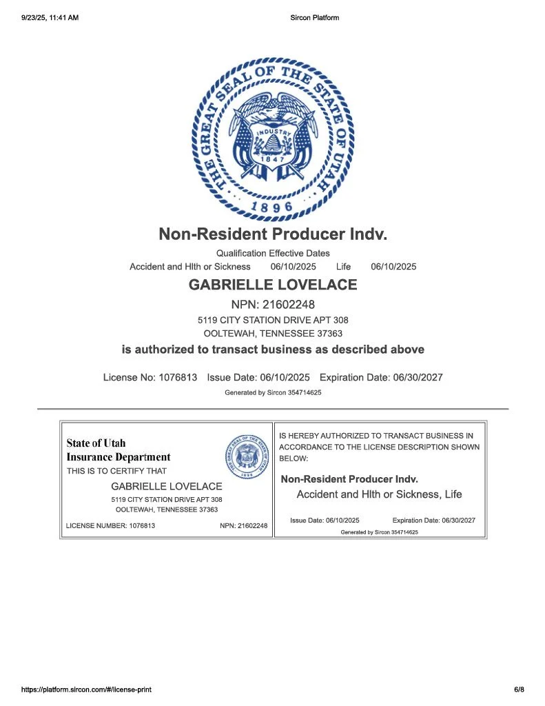 Non-resident producer insurance license issued to Gabrielle Lovelace, with the seal of Utah, valid from 06/10/2025 to 06/30/2027.